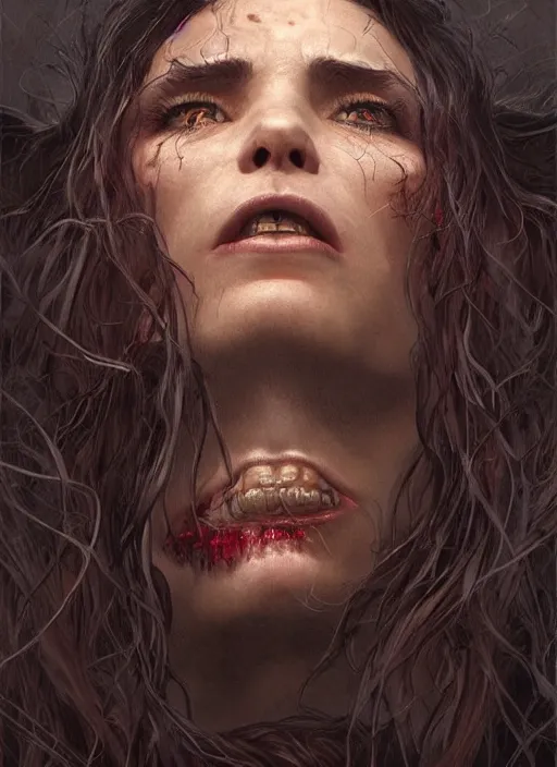 Image similar to vertical portrait of a ruggedly handsome female witch furious screams she wants to live, soft hair, close - up face, leather, witchy, d & d, fantasy, intricate, elegant, highly detailed, digital painting, artstation, concept art, smooth, sharp focus, illustration, art by artgerm and greg rutkowski and alphonse mucha, plain red background