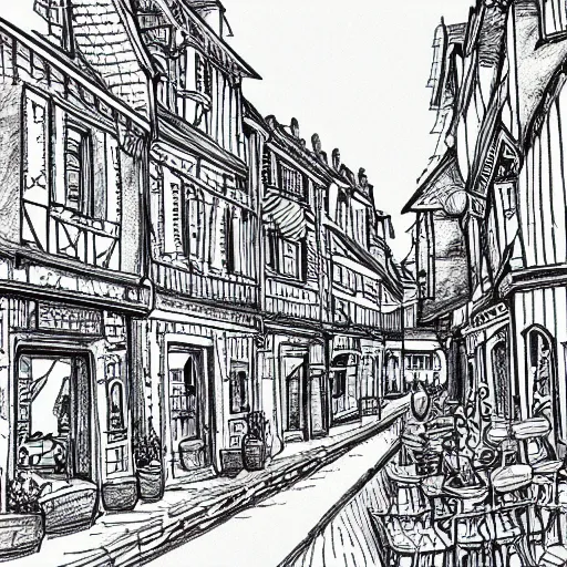 Image similar to detailed illustration of a french town, 0.2 black micron pen