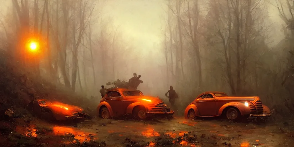 Image similar to a crashed car on a mountain road in 1 9 4 0 with red light on, sunny day, a men stand up next to the car, mystical orange fog, oil on canvas, art by andreas achenbach, clemens ascher, tom bagshaw and sabbas apterus,