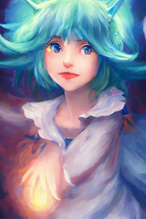 Image similar to cirno from touhou, by ross tran, oil on canvas