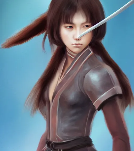 Image similar to a girl holding a katana, ponytail, highly detailed, digital painting, artstation, concept art, smooth, sharp focus, kunoichi, illustration