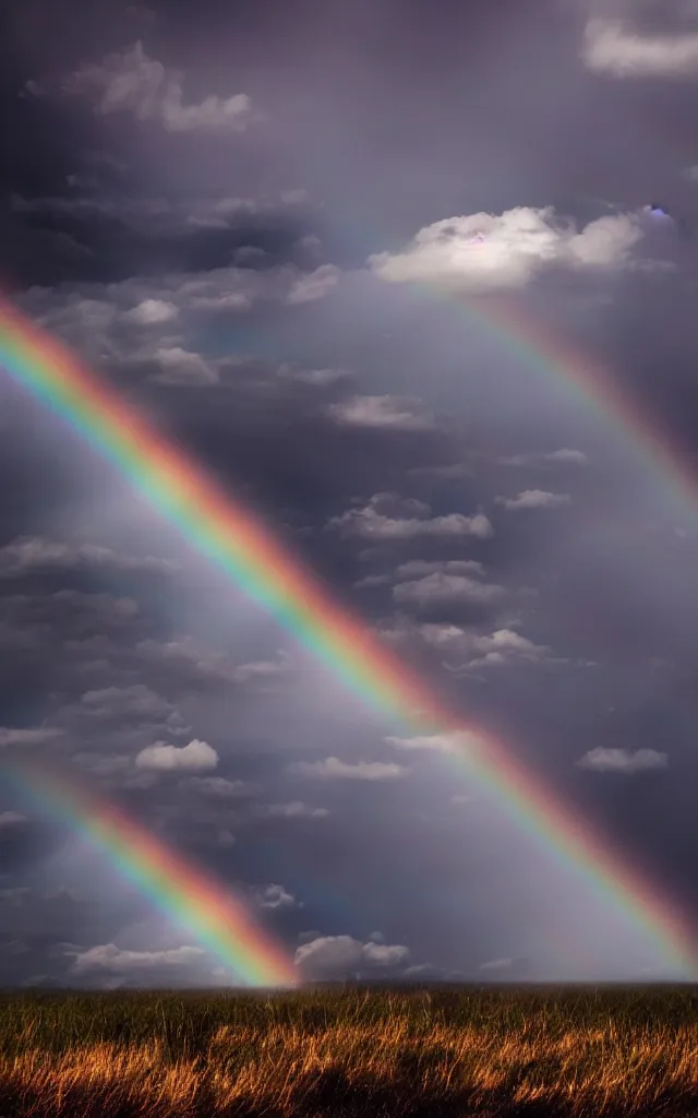 Image similar to dark night dramatic airbrushed clouds over black background, light gleams and beams, little green flares, dim rainbow in the distance, photography fantasy, realistic