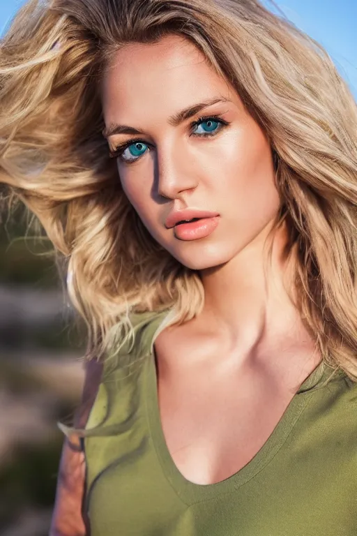 Image similar to olive skinned blonde female model in her twenties with green eyes, wearing a designer top, looking content, focused on her neck, photo realistic, extreme detail skin, natural beauty, no filter, slr, golden hour, 4 k, high definition, selfie