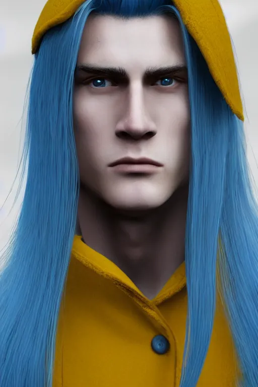 Prompt: a male teenager with long blue hair and yellow eyes wearing a winter overcoat, hyperrealistic, concept art, octane render, unreal engine 5, trending on artstation, high quality, 8 k, highly detailed, digital art, anatomically correct, symmetrical, realistic and defined face, high coherence, path traced, face portrait, yellow eyes, blue hair