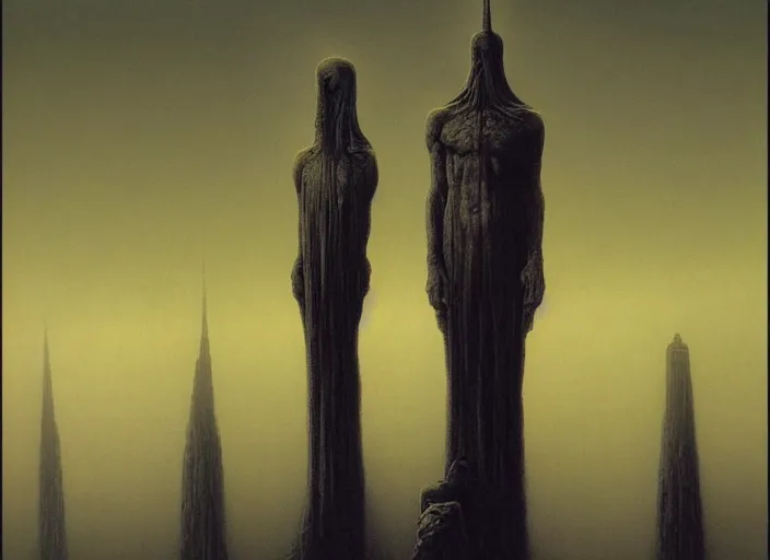 Prompt: painting of omniscient tall statues of gods towering above a hopeless person, by zdzislaw beksinski, by dariusz zawadzki, by wayne barlowe, gothic, surrealism, cosmic horror, lovecraftian, cold hue's, warm tone gradient background, concept art, beautiful composition