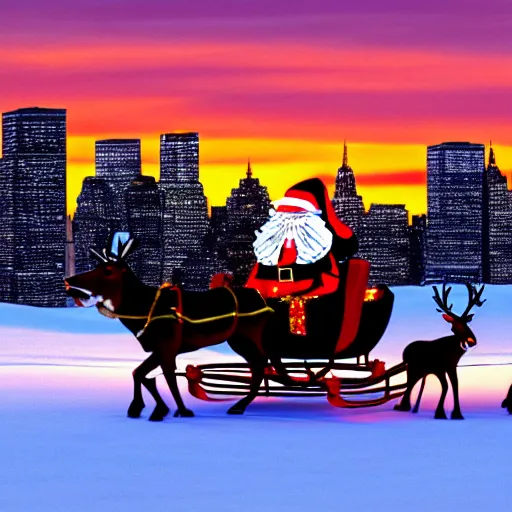 Image similar to santa claus in a sleigh with reindeers in front of world trade center with a beautiful sunset in the background