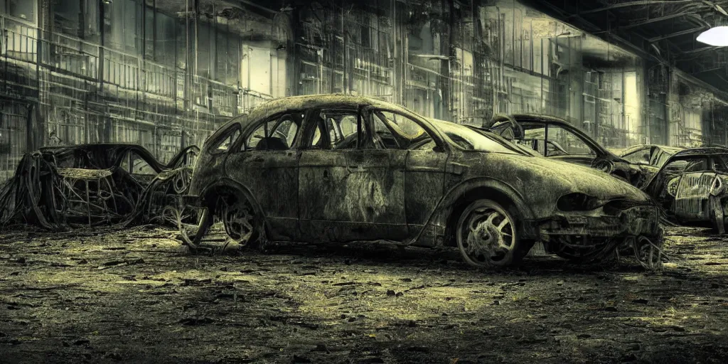 Prompt: close up of a car in an old industrial car factory, a ghostly figure is walking between the broken cars, everything is rusted and broken and covered in moss, night time low light, spooky and scary atmosphere, artstation,