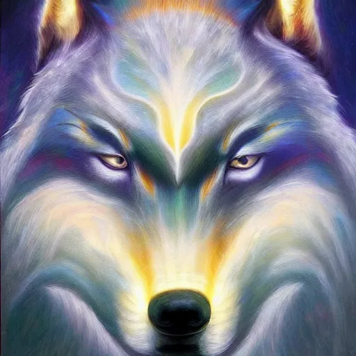 Image similar to enlightened spirit wolf teacher by MICHAEL DIVINE and by AMANDA SAGE in the style of oil painting visionary art, trending on artstation, very coherent symmetrical artwork, oil painting