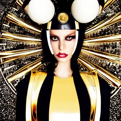 Prompt: close up of a female fashion model in year 3000 in art-deco entrance hall, model wearing a huge surreal Avant-garde helmet in gold, photography , official Versace editorial , highly detailed