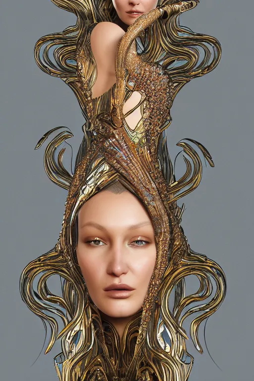 Prompt: a highly detailed portrait of a beautiful alien woman goddess bella hadid in iris van herpen dress in diamonds and fractals in style of alphonse mucha art nuvo gustav klimt trending on artstation made in unreal engine 4