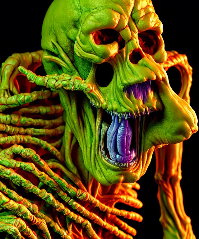 Image similar to hyperrealistic rendering, cronenberg flesh monster skeletor by art of skinner and richard corben and jeff easley, product photography, action figure, sofubi, studio lighting, colored gels