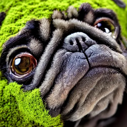 Image similar to closeup of a pug with moss growing out of its face folds, macro photography, overgrown pug, high resolution photo, trending on artstation