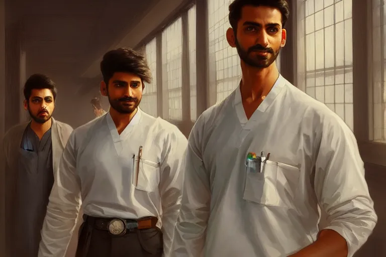 Image similar to Anxious good looking pale young Indian doctors wearing scrubs and shirts at the airport, portrait, elegant, intricate, digital painting, artstation, concept art, smooth, sharp focus, illustration, art by artgerm and greg rutkowski and alphonse mucha