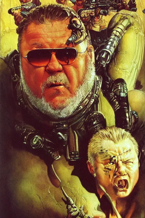 Image similar to focus on ray winstone as a fat scifi warrior exploring an alien temple, by norman rockwell and boris vallejo