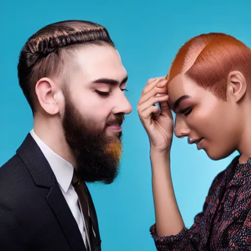 Image similar to tearful! professional millennial man with beehive women's hairstyle