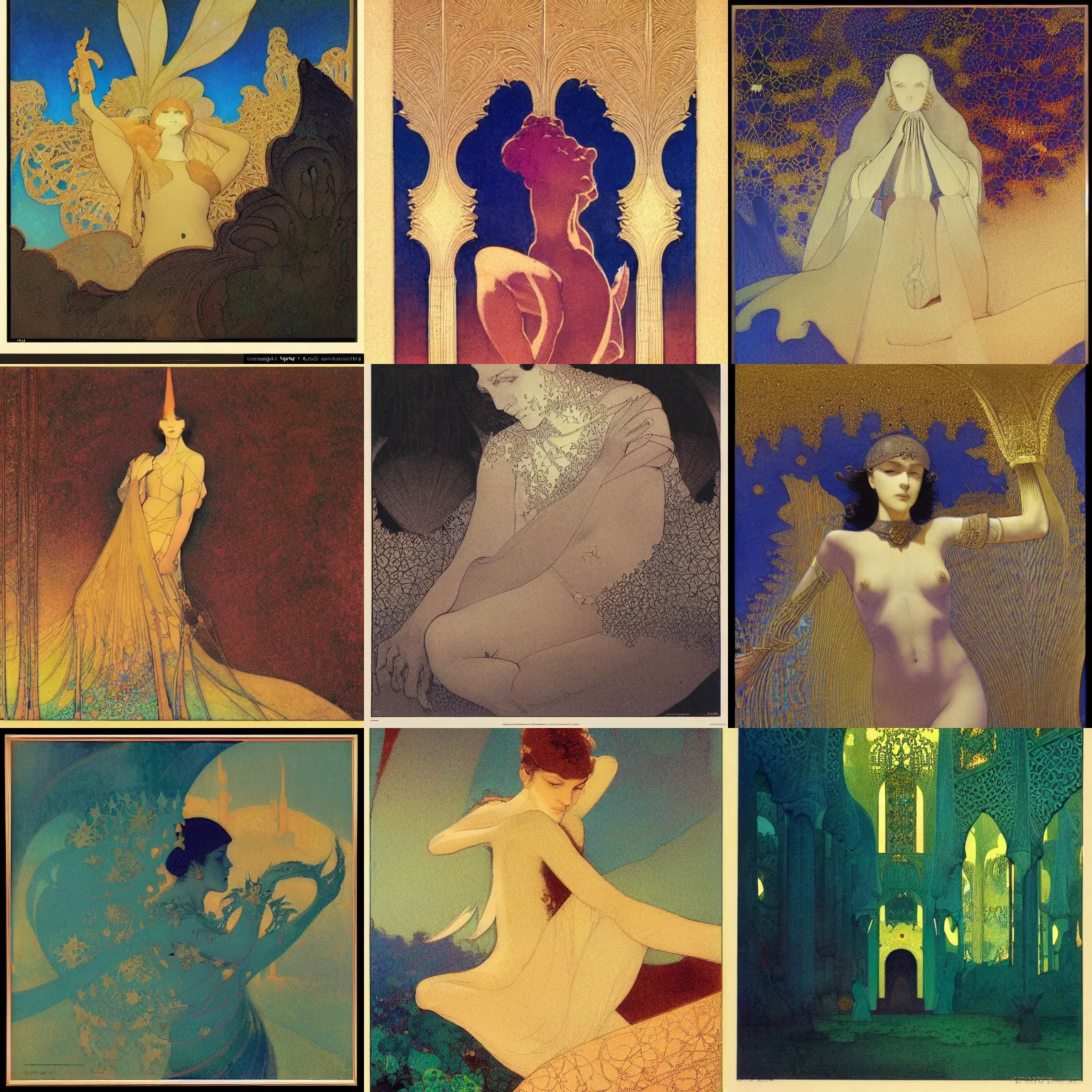 Prompt: fractal muqarnas, maxfield parrish, camille vivier, moebius, james jean, yoji shinkawa, odilon redon, gaston bussiere, eugene grasset, janis rozentals