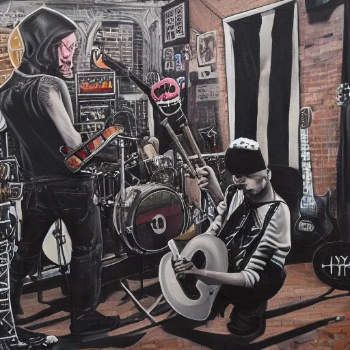 Prompt: punk band on stage at saint vitus, bright lights, oil painting, rule of thirds, 8 k, hyper detailed, dark and gloomy,