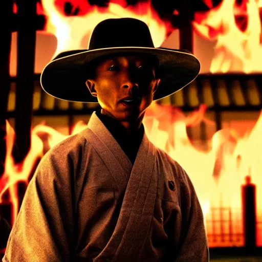 Image similar to cinematic film still Pharrell Williams starring as a Samurai holding fire, Japanese CGI, VFX, 2003, 40mm lens, shallow depth of field,film photography