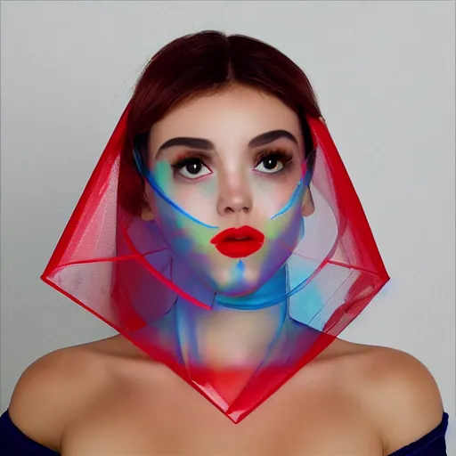 Image similar to portrait pretty woman, colorful plastic veil, verny ornated, intrincate latex