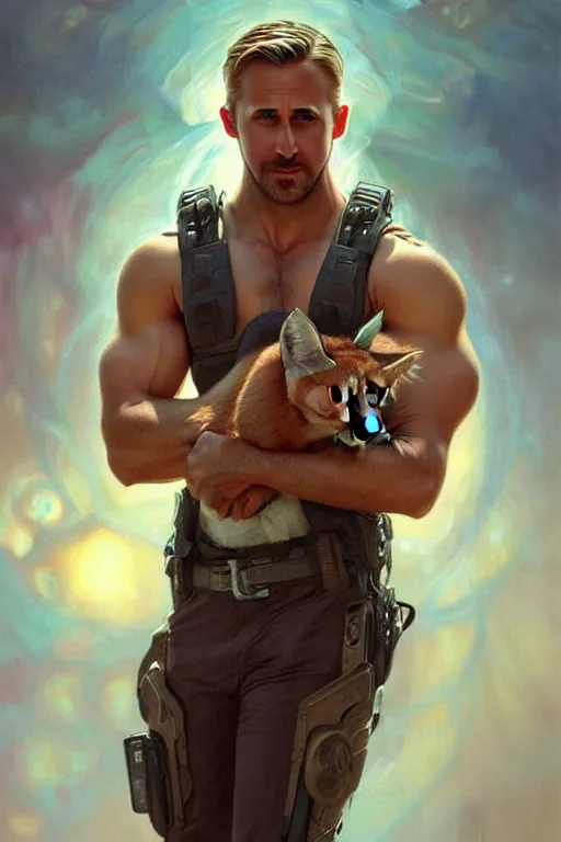 Prompt: Muscular Ryan Gosling holding cute caracal, portrait, sci-fi, fantasy, intricate, elegant, highly detailed, digital painting, artstation, concept art, smooth, sharp focus, illustration, art by artgerm and greg rutkowski and alphonse mucha