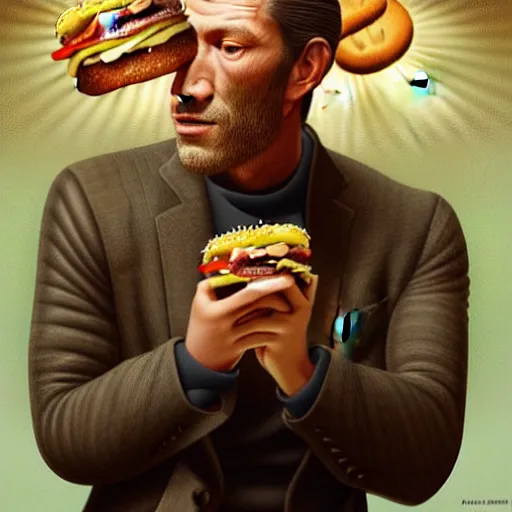 Prompt: portrait of Vincent Cassel eating hamburgers, advertising billboard, extra onions and ketchup, luscious patty with sesame seeds, ethereal, holy sacred light rays, handsome, D&D, fantasy, intricate, elegant, highly detailed, digital painting, artstation, concept art, matte, sharp focus, illustration, art by Artgerm and Greg Rutkowski and Alphonse Mucha