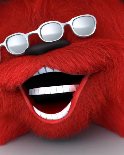 Prompt: 3 d render of completely red hairy friendly monster smiling wearing chrome shades, full body, simple, cute, white background, unreal engine 5 hdr