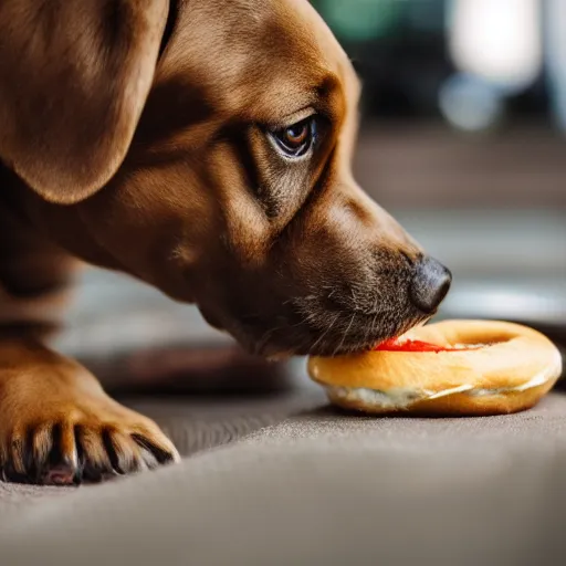 Image similar to photo of cute dog eating bagles from mesh bag, shallow depth of field, cinematic, 8 0 mm, f 1. 8