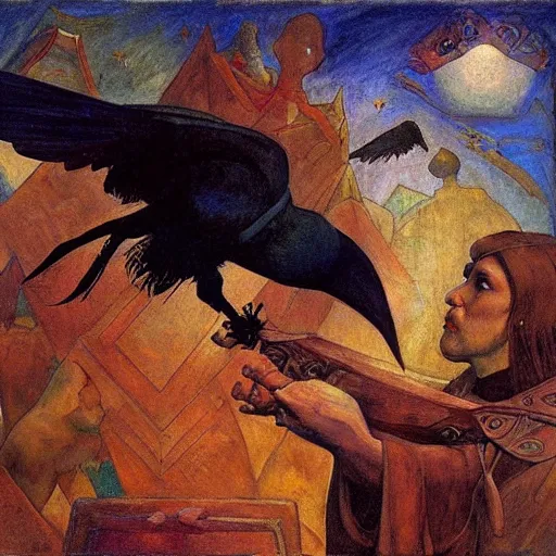 Image similar to war between the crow crown and the house of moths, by Annie Swynnerton and and Nicholas Roerich and Diego Rivera, symbolist, dramatic lighting, elaborate geometric ornament, god rays, rich colors,smooth, sharp focus, extremely detailed