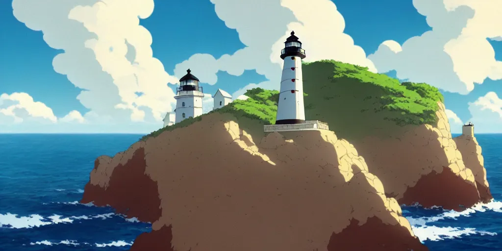 Prompt: the girl and the lighthouse. matte painting, anime, studio ghibli.