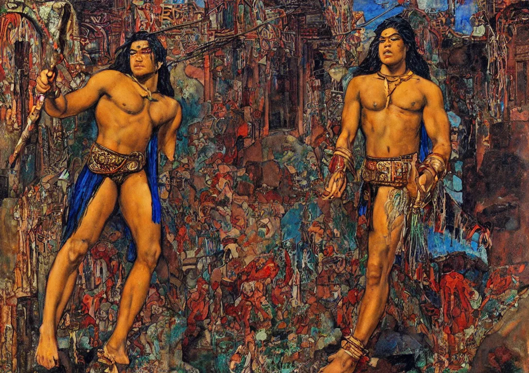 Image similar to a polynesian greek god searching through the streets of an abandoned city, sparse detail, complementary color scheme, by george luks, mati klarwein and moebius