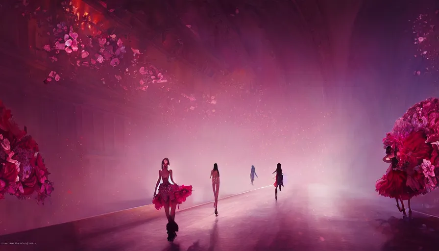 Image similar to victoria secret runway show, light, shadows, reflections, flowers, epic composition, intricate, elegant, volumetric lighting, digital painting, highly detailed, artstation, sharp focus, illustration, concept art, ruan jia, steve mccurry, artgerm and mina petrovic and timothy kong and marina federovna