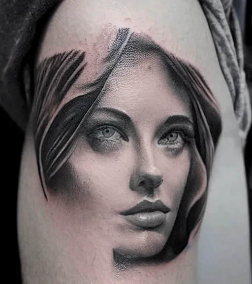 Prompt: tattoo design sketch of a beautiful woman face with a realistic mountain scenery on her side, hyper - realistic, double exposure effect, in the style of matteo pasqualin, amazing detail, black and white, faded