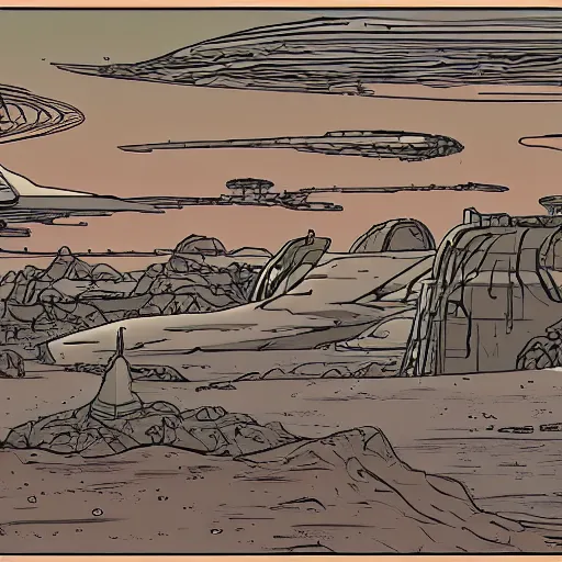 Image similar to western sci - fi planet in the style of moebius