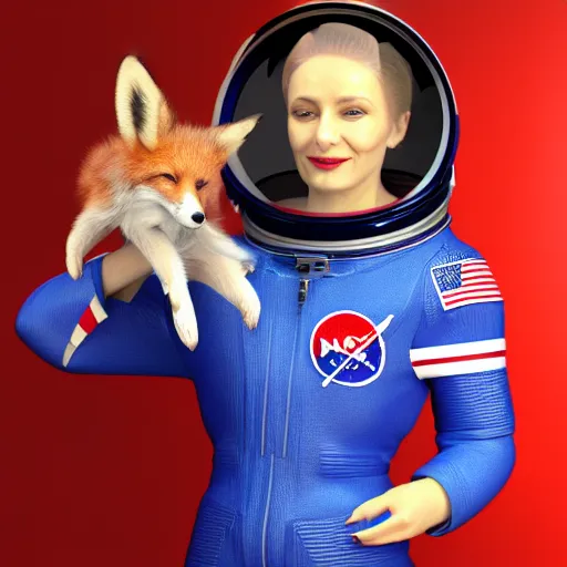 Image similar to a 3 d render of an astronaut in space holding a fox wearing lipstick