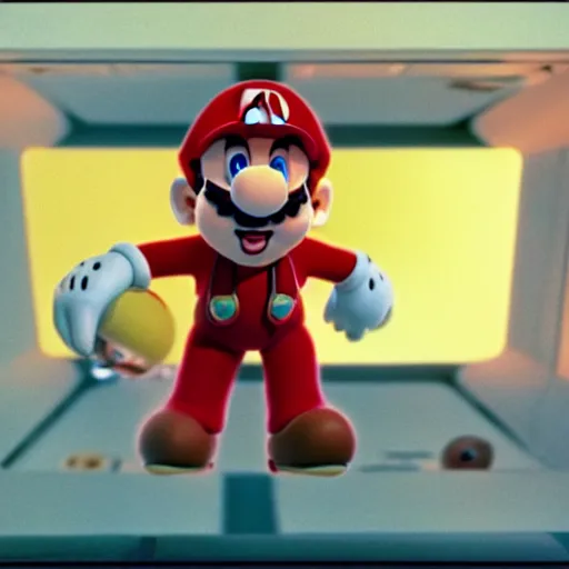 Prompt: Still of Super Mario in the movie 2001 A Space Odyssey, inside the spaceship, cinematic lighting, 4k