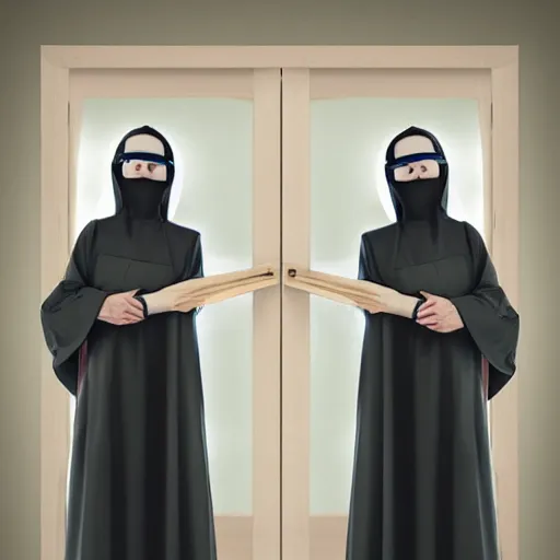 Image similar to award winning photo,two Hovering twin nuns, wearing pointed hoods, buxom chested, blindfolded, wearing translucent veils, see through dress, Very long arms, bedroom, wood door, eerie, frightening, highly detailed, photorealistic, colorized —width 1024 —height 1024