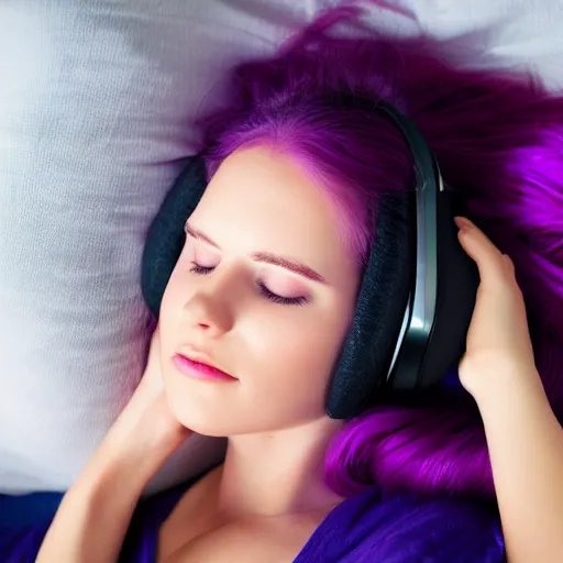 Image similar to beautiful purple - haired female sleeping at desktop computer, wearing headphones, snoring, stylized