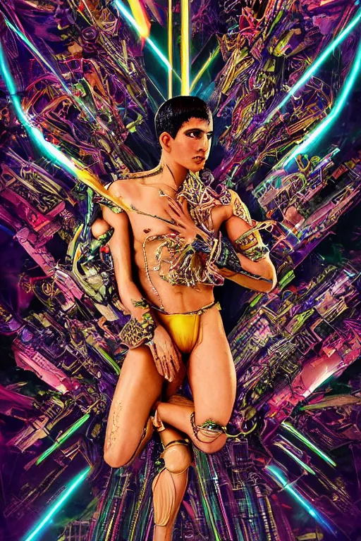 Image similar to full-body bladerunner style sculpture of a young handsome Latino prince as a half cibernetic android with a chest opening exposing circuitry and electric sparks, glowing laser beam eyes, crown of giant diamonds, flowing neon-colored silk, fabric, raptors. baroque elements. full-length view. baroque element. intricate artwork by caravaggio. many many birds birds on background. Trending on artstation, octane render, cinematic lighting from the right, hyper realism, octane render, 8k, depth of field, 3D