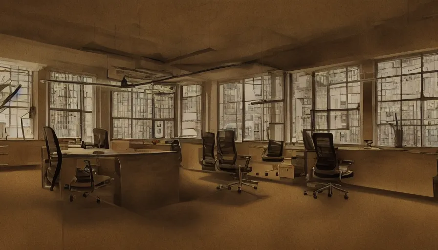 Image similar to the inside of an office, digital art, highly detailed, realistic, bright colors, 8 k