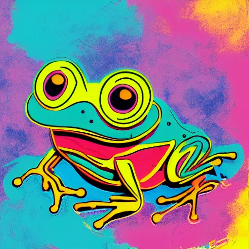 Prompt: illustration of cyberpunk frog, colorful splatters, by andy warhol and by zac retz and by kezie demessance