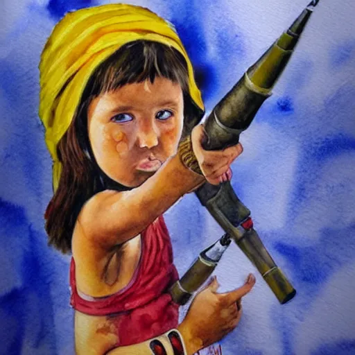 Image similar to hyper realistic tribal girl holding a rocket launcher, watercolor, cinematic