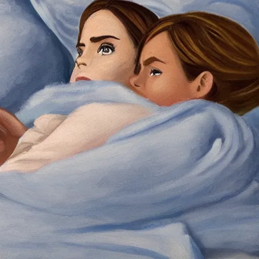 Prompt: tucking a cold emma watson into bed, wholesome, in the style of bob ross painting