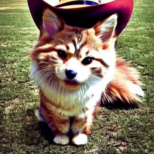 Prompt: siberian cat in a cowboy hat riding a corgi, wild west, sunset. no dude, for real, i want a siberian felis catus wearing a cowboy hat, riding a corgi canis!!!! i dont want any images of corgi - cat hybrids, dogs riding dogs or girls!!!!