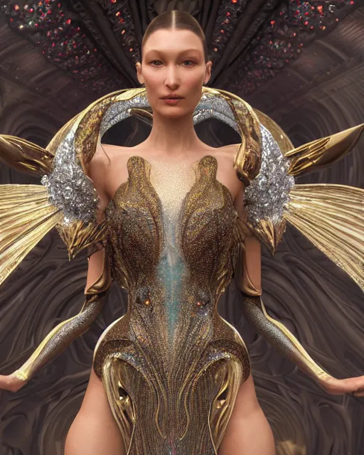 Prompt: a highly detailed metahuman 4 k close up render of an alien goddess bella hadid as siren in iris van herpen dress schiaparelli in diamonds crystals swarovski and jewelry iridescent in style of alphonse mucha gustav klimt trending on artstation made in unreal engine 4