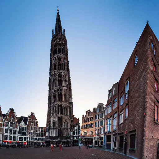 Prompt: an extremely detailed panoramic photo of the utrecht dom tower. picture taken from a high altitude at sunset with a wide angle lens