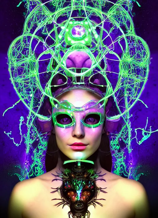 Prompt: 3 d goddess medium shot half - portrait with hyperdimensional mycorrhizal fungal implants. beautiful intricately detailed avante garde biopunk mask and alchemical retrowave sorceress outfit. glowing bio luminescent outline, storm, pulse projections, plasma, creature, artwork by tooth wu and wlop and android jones and beetle and greg rutkowsk