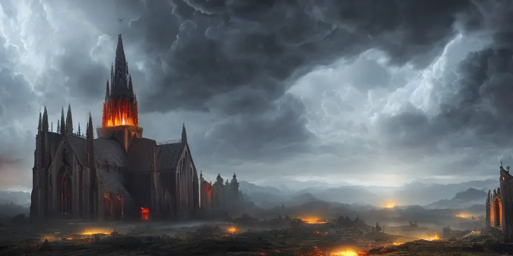 Prompt: an epic matte painting of heaven versus hell, a big church buening in the middle of the frame, master shot, massive, cinematic lighting, soft render, symmetrical, clouds, darkness, 8 k, ultra high quality