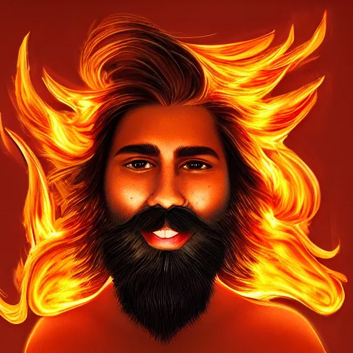 Prompt: art made of fire of a flawless man with long hair, with trimmed beard, smiling widely. fire in a shape of a man, extremely detailed, award-winning art, trending on Artstation