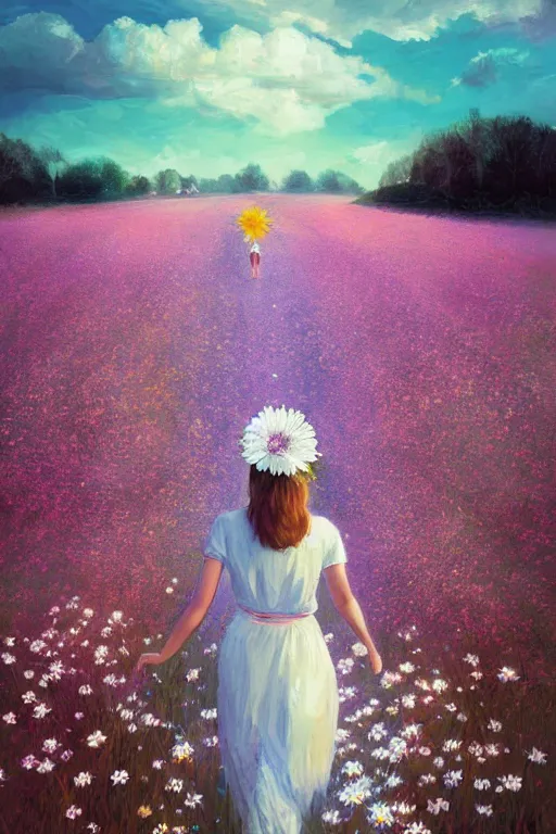 Image similar to white daisy flowers as head veil, girl walking in a flower field, surreal photography, sunrise, dramatic light, impressionist painting, colorful clouds, digital painting, artstation, simon stalenhag