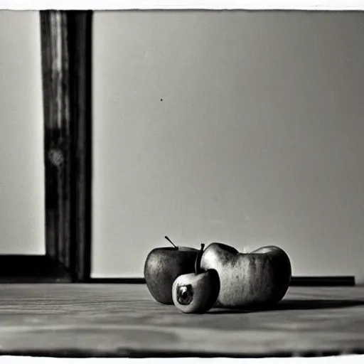 Image similar to A collodion-styled photograph of a surrealist scene of an apple in a room with some strange objects scattered around, shallow depth of field, wide-angle lens
